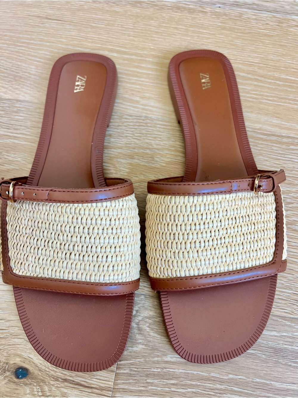 ZARA Brown and Natural Woven Slide Sandals